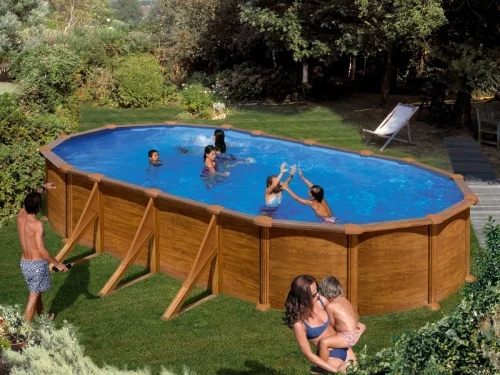 Piscina de acero Gre STARPOOL ovalada 132 cm imitación madera con postes