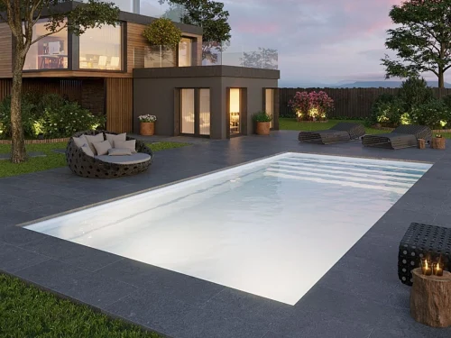 Piscina de Poliéster "EUROPA" Modelo SPACE 850 - Medidas: 8.50 x 3.90 m / Prof. 1.50 m