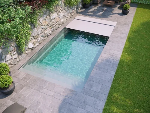 Piscina de Poliéster "EUROPA" Modelo SPACE 850 VOLET - Medidas: 8.50 x 3.90 / Prof. 1.50 m