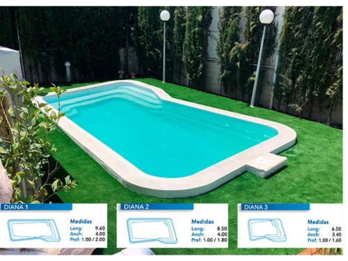 Piscina de Poliéster "COINPOL" Modelo DIANA 1 - Medidas: 9.60 x 4.00 m / Prof. 1.00/2.00 m