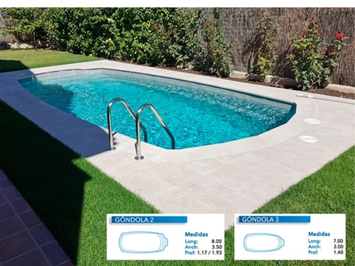 Piscina de Poliéster "COINPOL" Modelo GONDOLA 2 - Medidas 8.00 x 3.50 m / Prof. 1.17/1.93 m