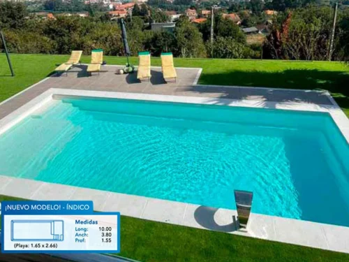Piscina de Poliéster " COINPOL" Modelo INDICO - Medidas 10.00 x 3.80 m / Prof. 1.55 m
